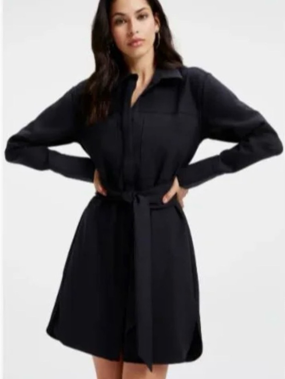Good American Black Long-Sleeve Shirt Dress with Self Tie